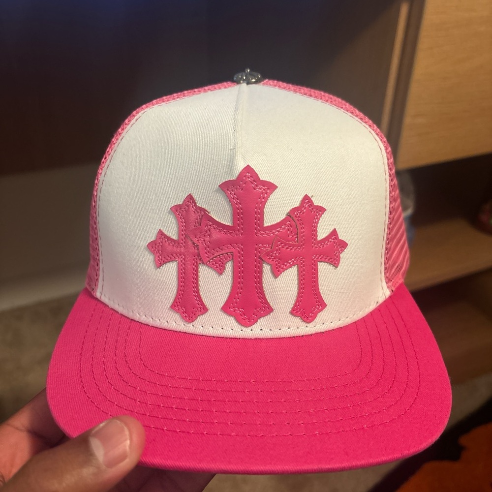 Chrome hearts Pink and White Trucker Hat with Cross Design